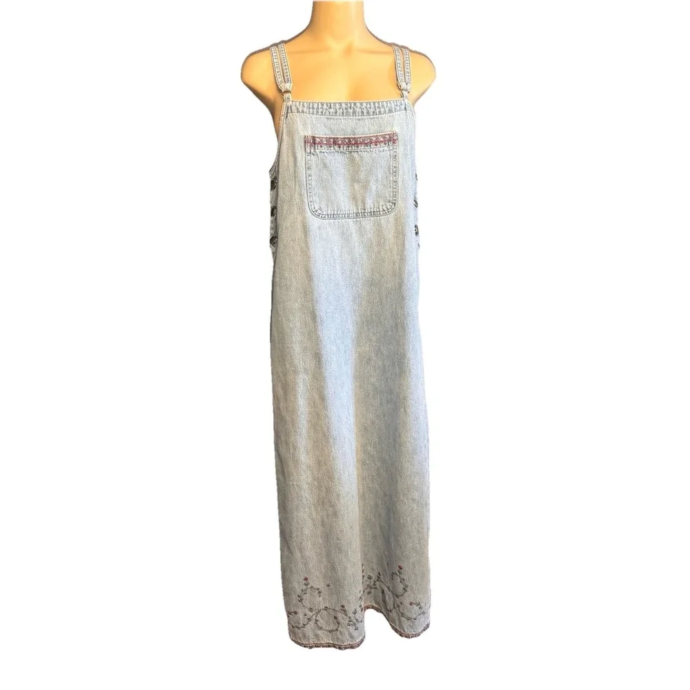VTG Denim Light Wash Jumper Dress Chore Cottage Small Embroidered Overall - Picture 1 of 8